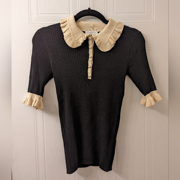 💎 Sandro Paris Women's 3/4 sleeve knit top with pearle style buttons - Picture 4 of 11